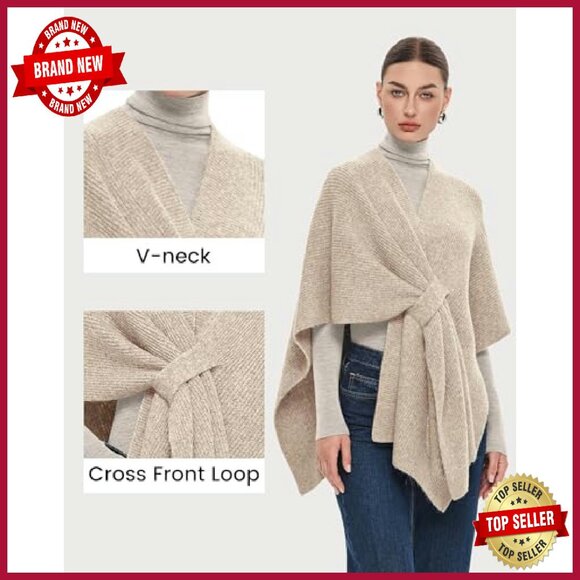 Warm Knit Crossover Front Poncho Shawl One Size Fits Most - Picture 5 of 8